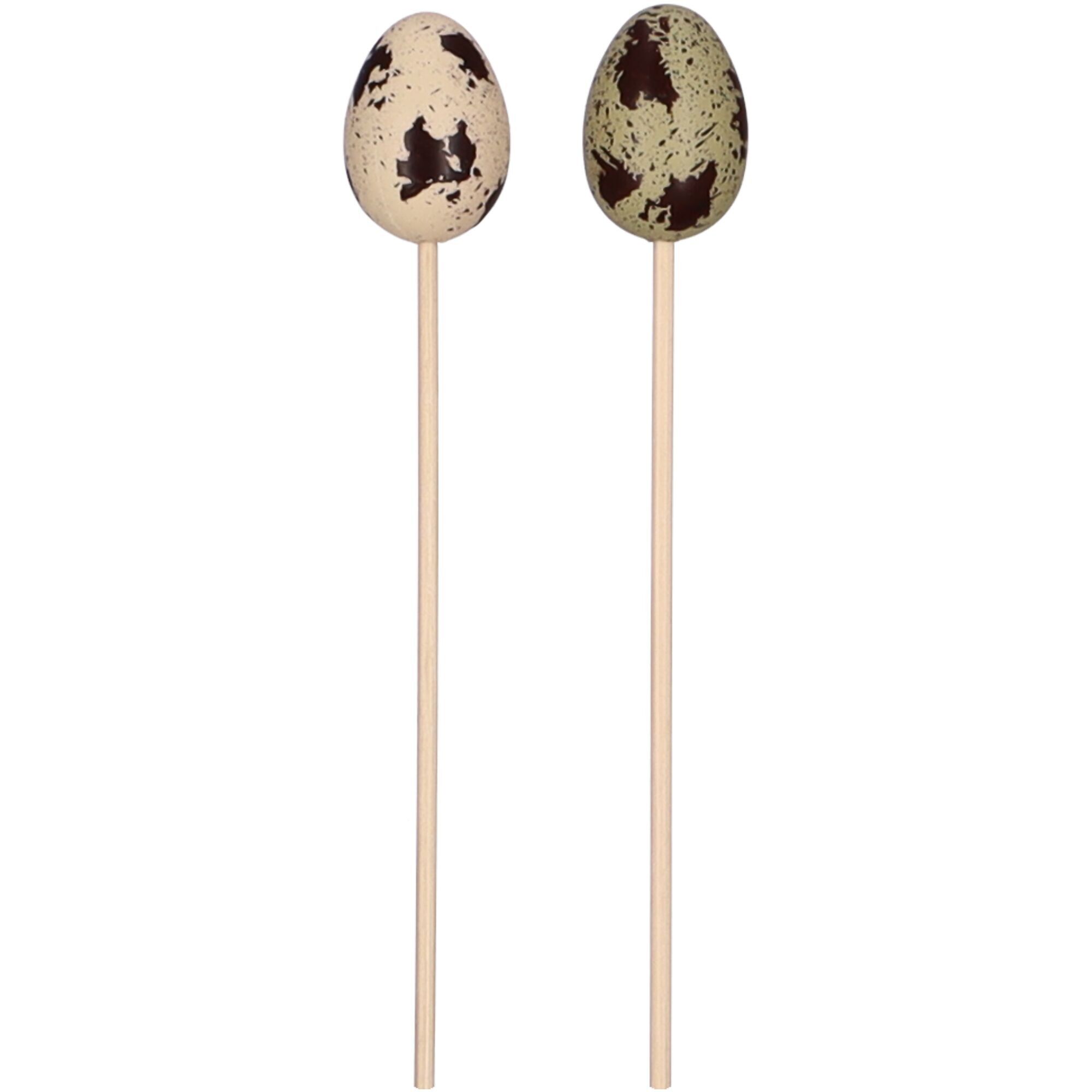 Uovo di quaglia in plastica su bastoncino, 2 colori, H4cm, bastoncino: 20cm, naturale/verde
