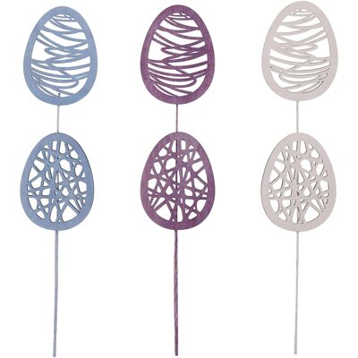 Wooden eggs Marlin for sticking, 2 motifs, 3 colours, H8cm, purple/blue/white
