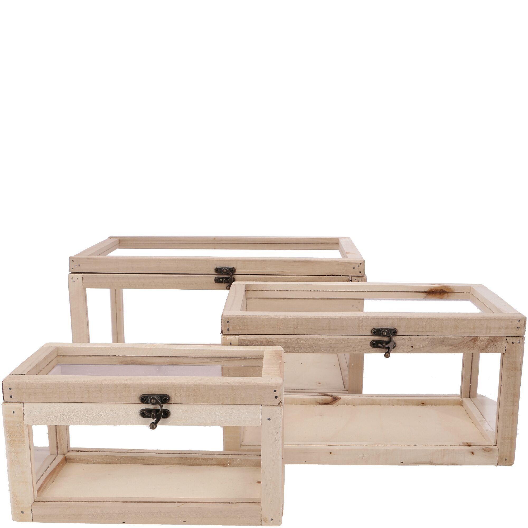 Scatola in legno Tiffy, set da 3, L40/33/26 cm, con dischi acrilici, naturale