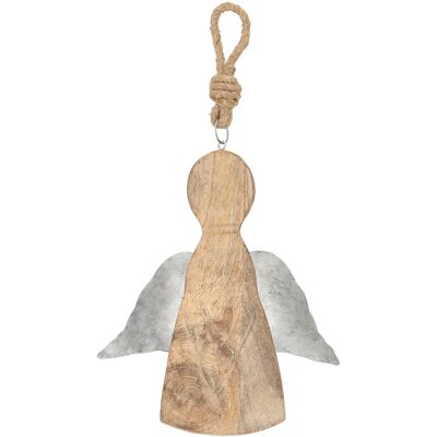 Ángel de madera Thilo para colgar, L21cm, W4cm, H25cm, alas de metal, zinc natural