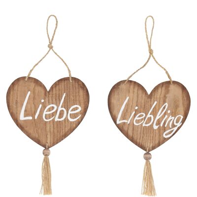 Chéri coeur en bois à suspendre, 2 motifs, L11,5cm, H16cm, naturel