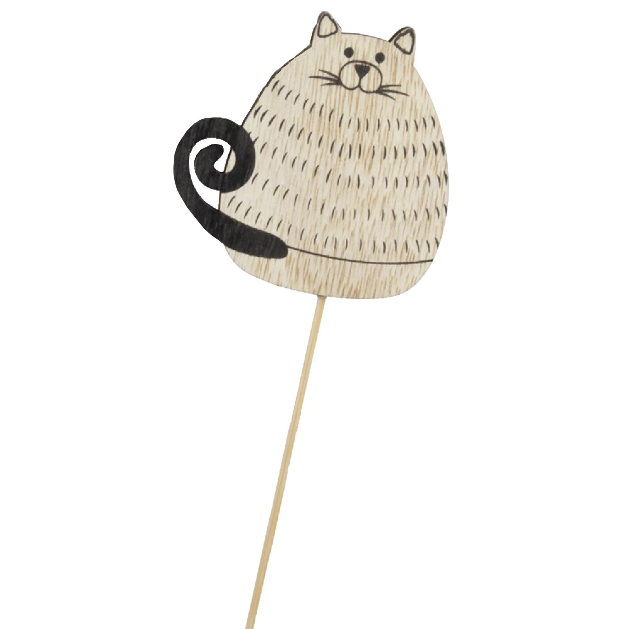 Gattino gatto in legno da attaccare, L7cm, L7cm, bastone: 20cm, naturale/nero