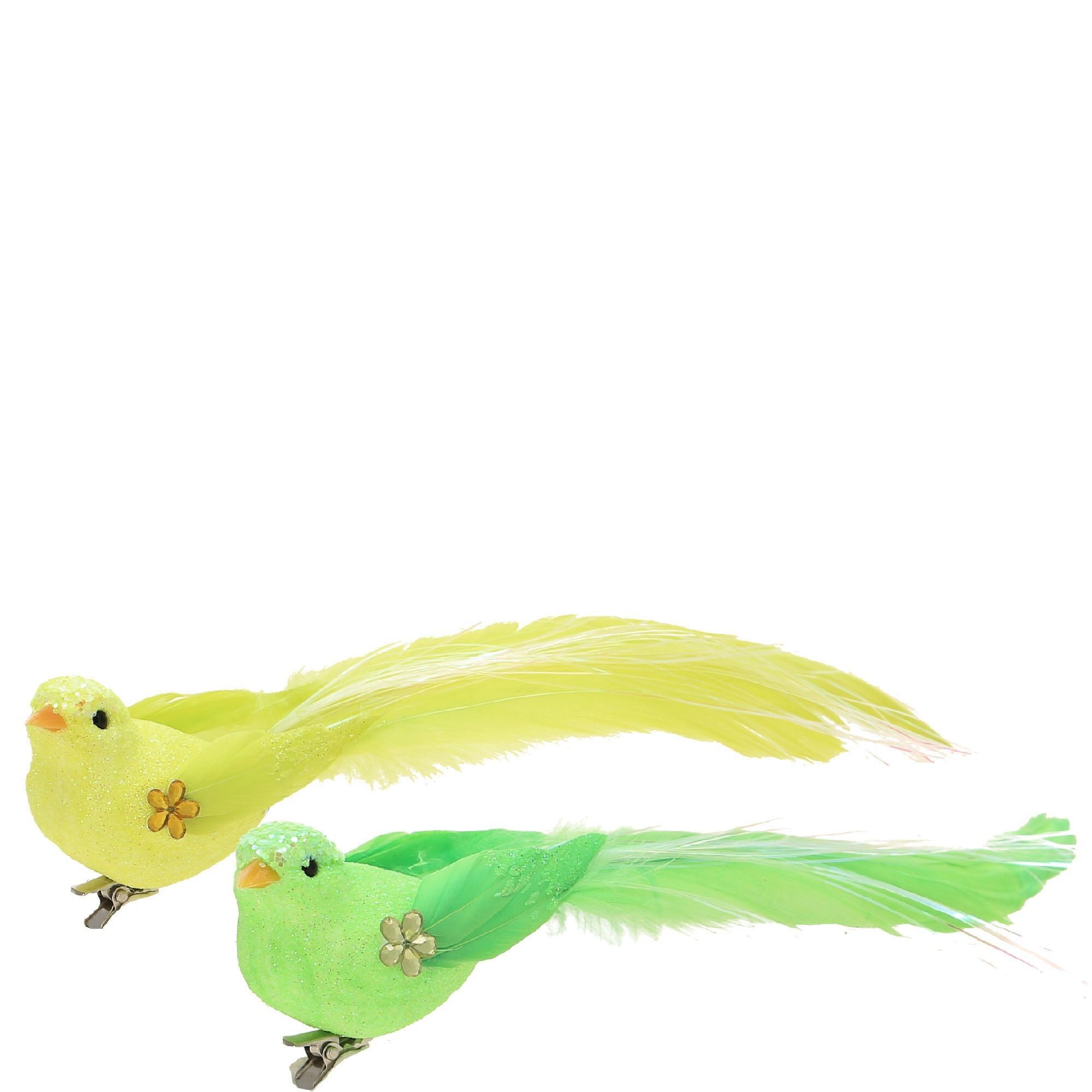 Feather bird Timor on clip, 2 colours, L23cm, neon yellow/neon green