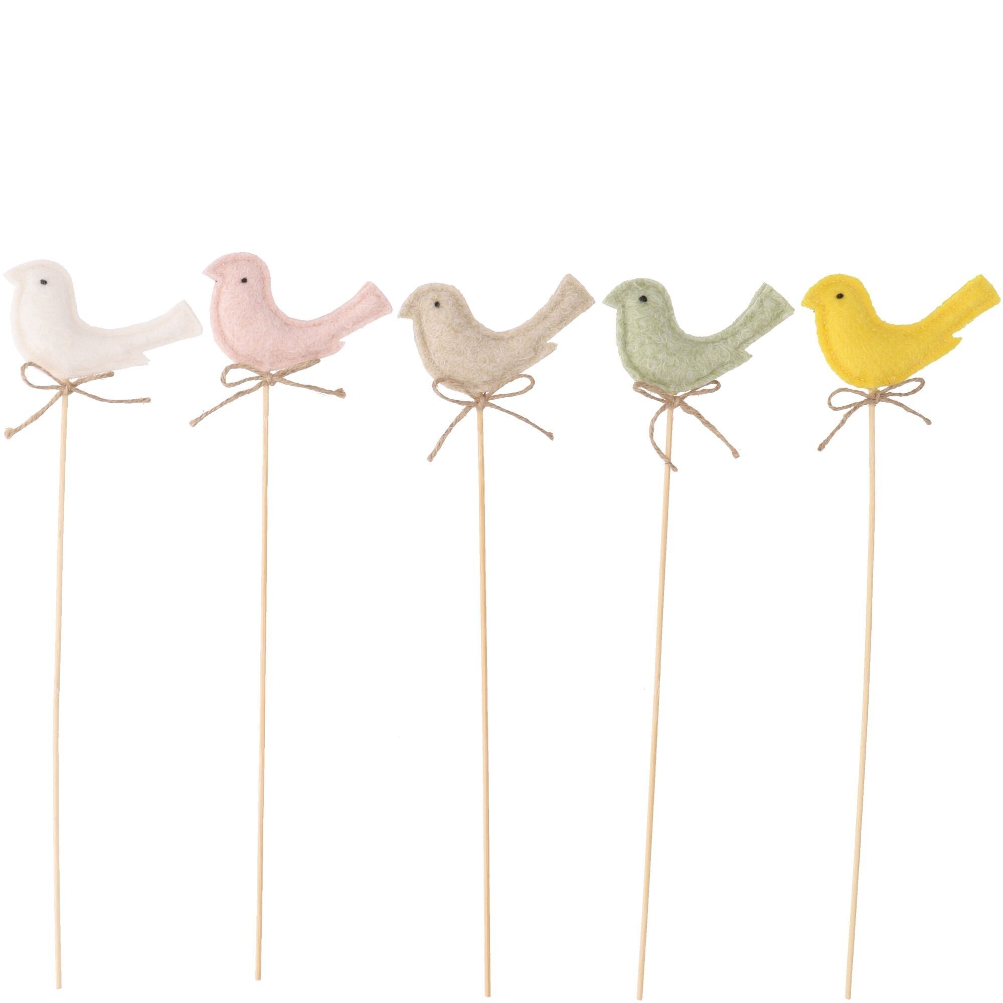 Fabric bird Jessen for sticking, 5 colours, L9.5cm, H36cm, stick: 30cm, white/brown/pink/green/yellow