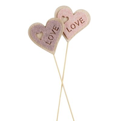 Cuore in legno Wolly da incollare, 2 motivi, L5,8 cm, L 6 cm, asta: 20 cm, malva/rosa