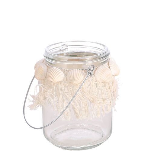 Glas Windlicht Merit mit Muscheln und Fransen, D18cm, H11,5cm, klar