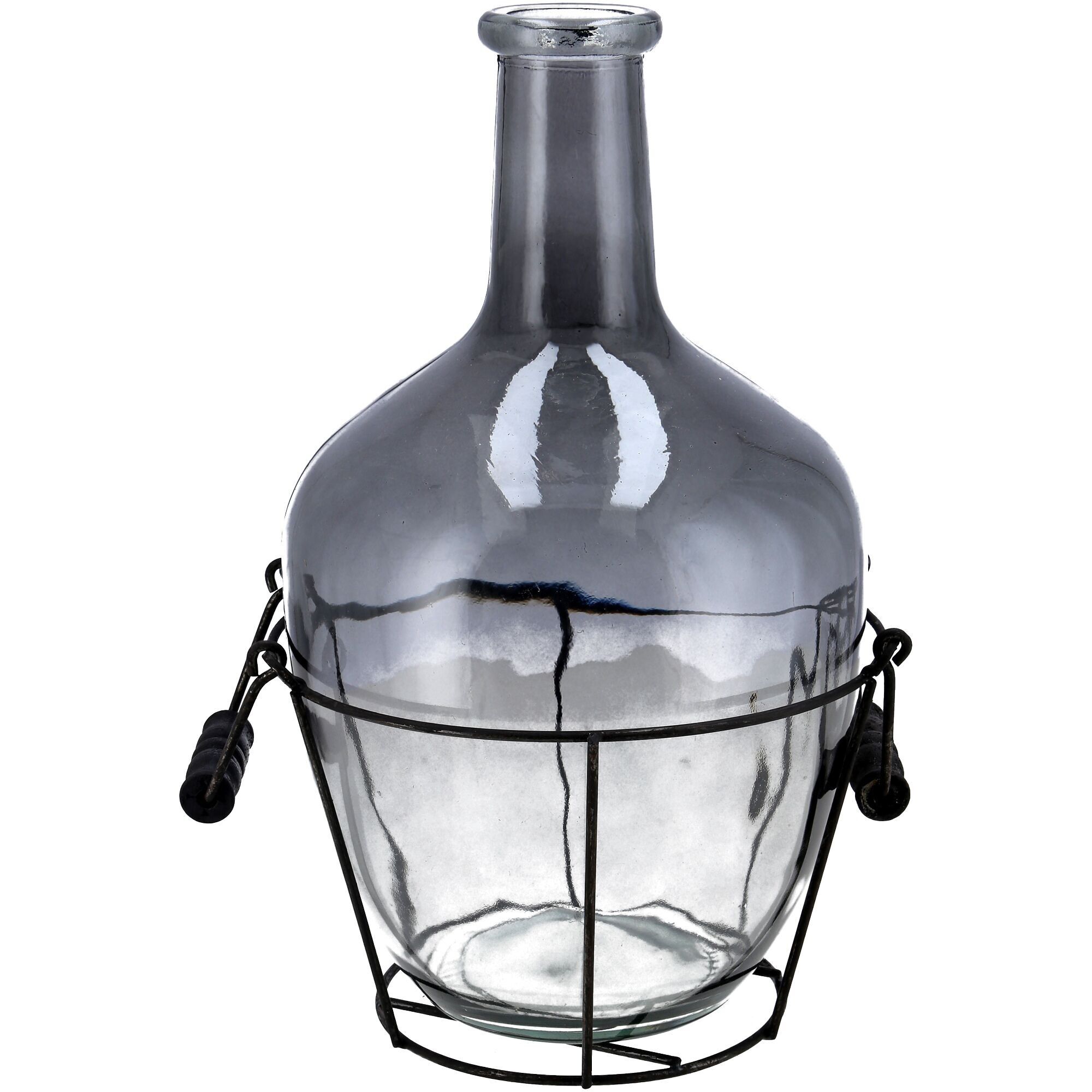 Botella de vidrio Puki, D19cm, H31cm, con estructura de metal, con asas, gris