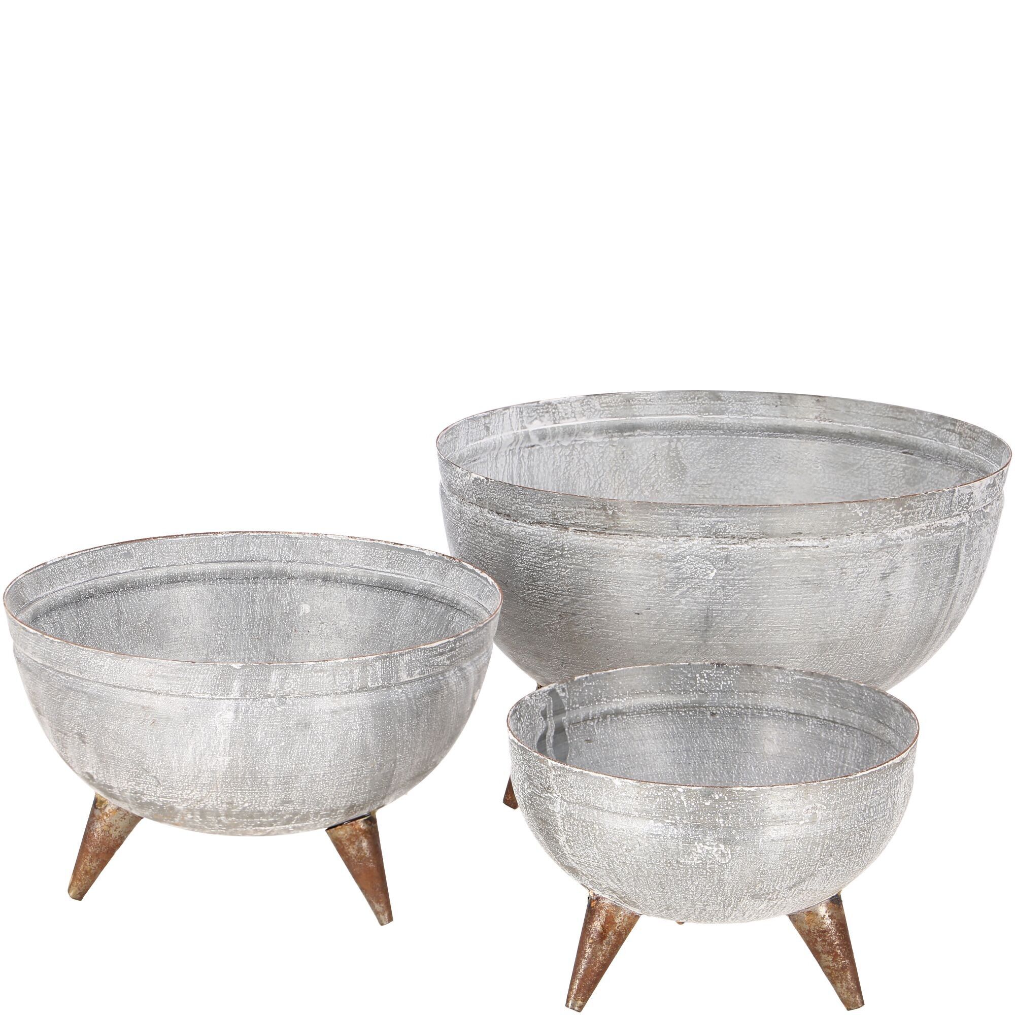 Metal bowl Fauna on 3 feet, set of 3, D36/21/16cm, white washed