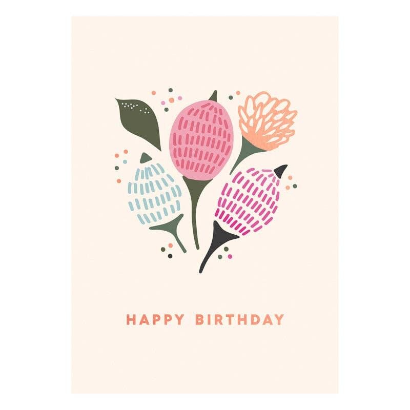 Cartolina di buon compleanno con fiori in oro rosa