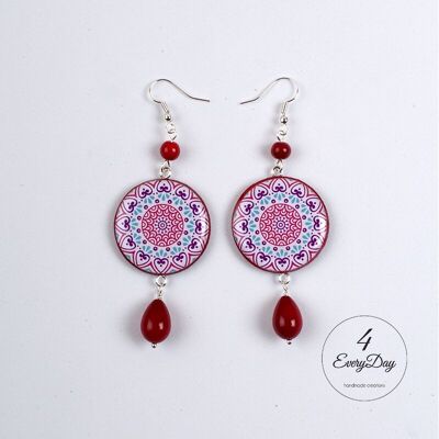 Boucles d'oreilles en bois de majolique rouge et bleu