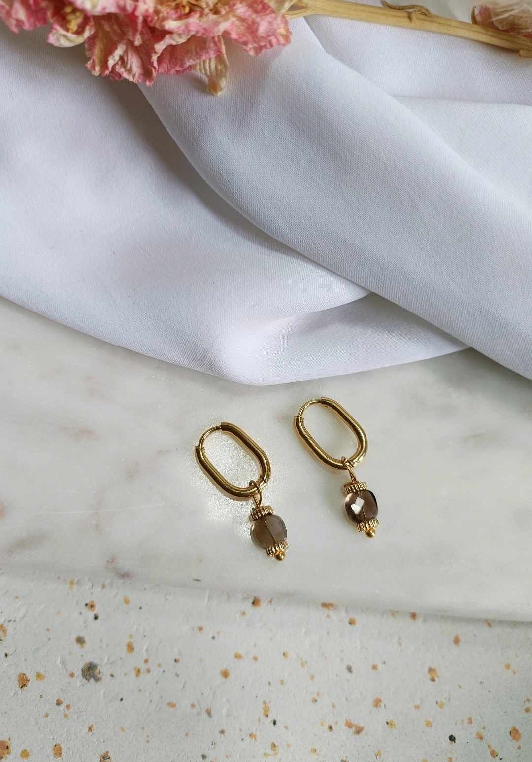 Boucles d'oreilles en acier inoxydable et pierre semi précieuse quartz fumé - Bridget
