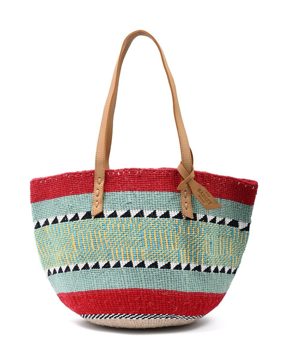 MARADUFU: Handwoven Turquoise, Red and White Wool Tote Bag