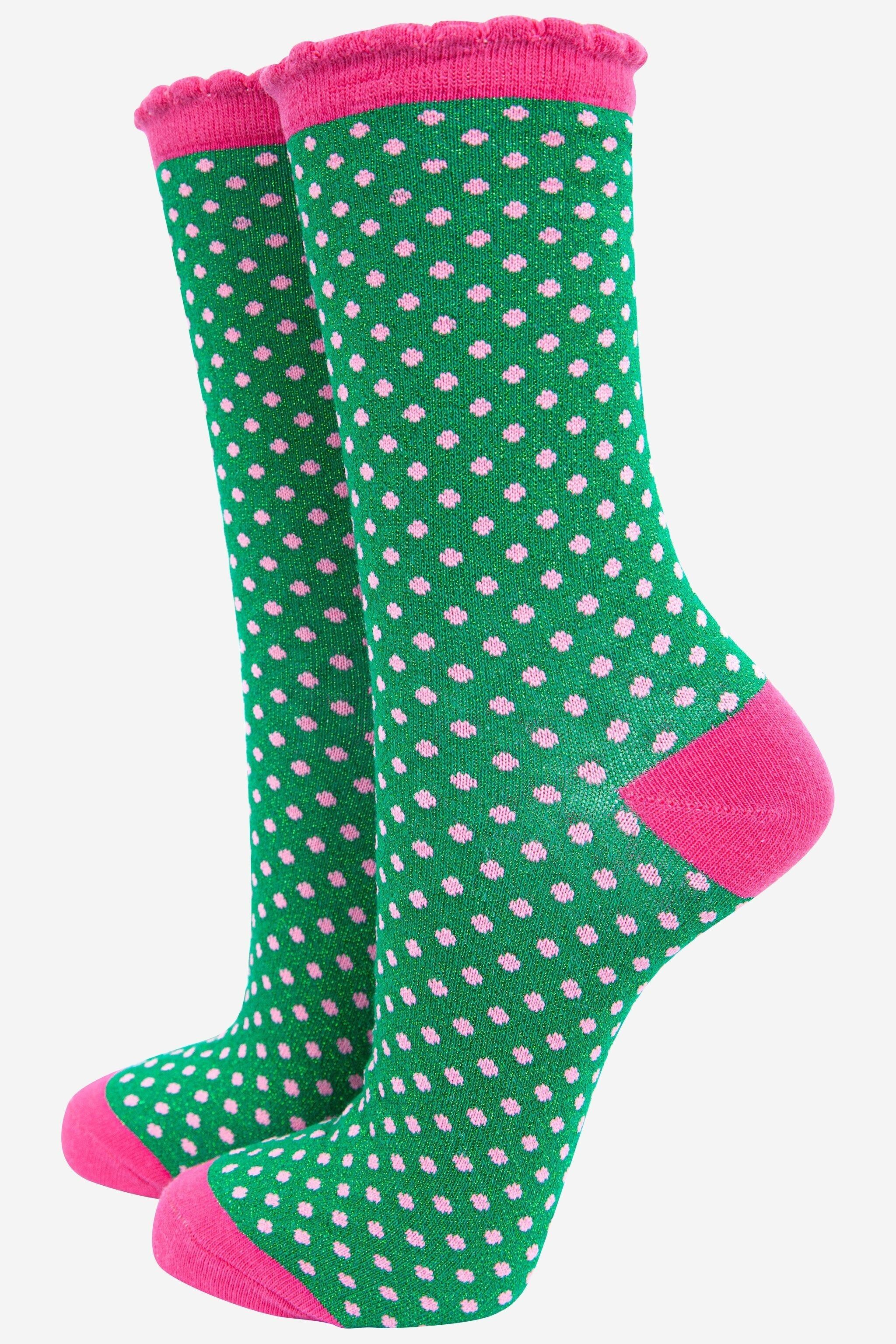 Glitzersocken für Damen - Grün/Pink, kleine Punkte