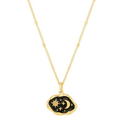 Collar dorado con cuarzo rosa y esmalte negro con escena de medianoche