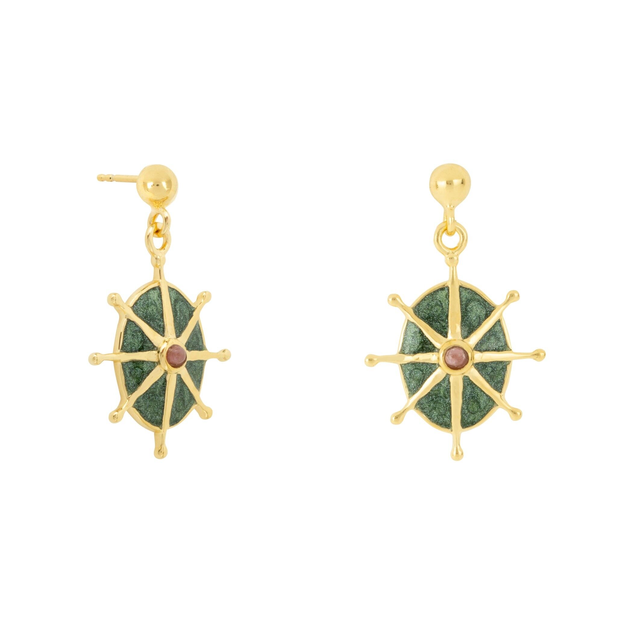Orecchini a forma di stella a 8 punte in rodonite rosa e smalto verde oro