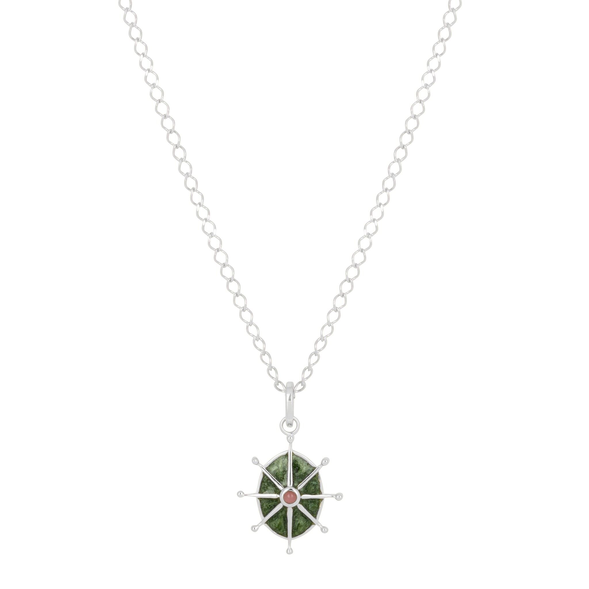 Collana in argento con rodonite rosa e smalto verde a forma di stella a 8 punte