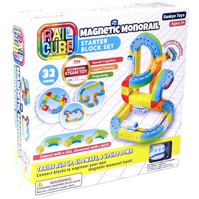 Rail Cube magnétique Starter Set Sankyo Toys - Pack avec un train : Circuit de train de construction, un jeu éducatif, évolutif et modulable de 32 pièces dès 3 ans.
