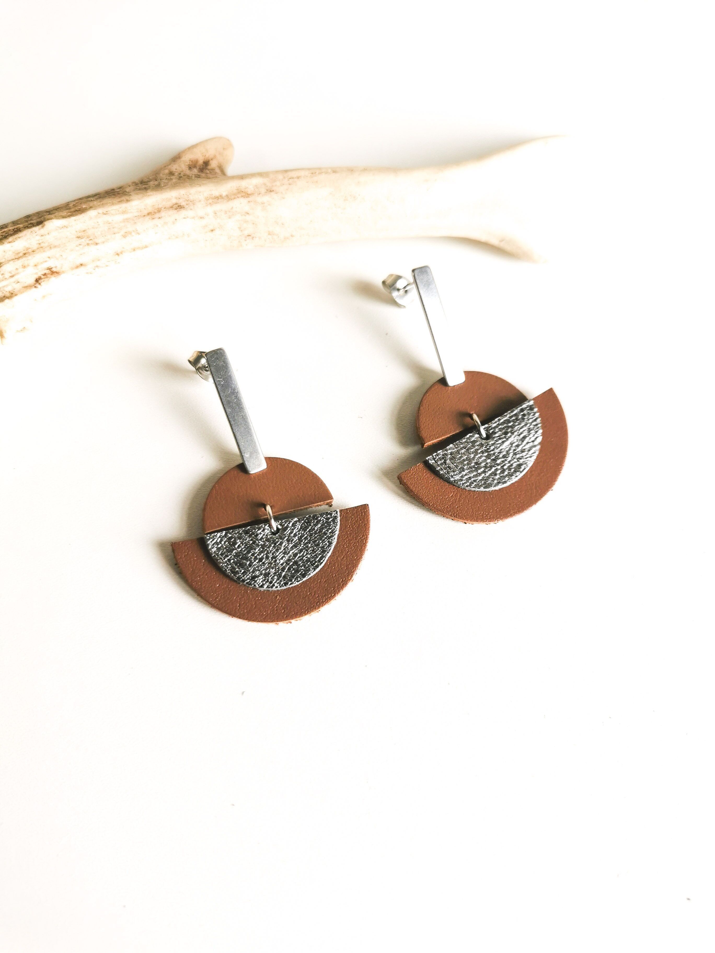 Earrings - LUNA - Leather and silver steel - Café au Lait