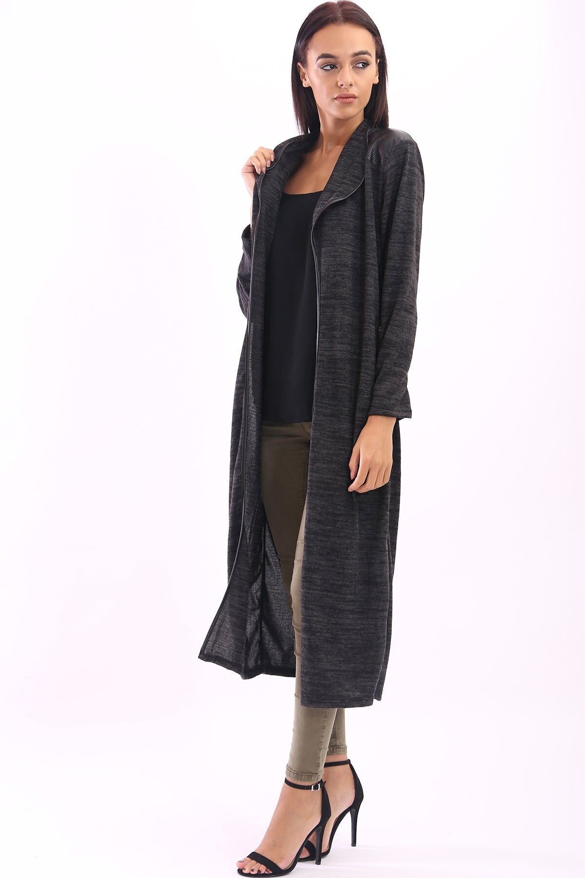 Cardigan lungo maculato con toppa in PU sulle spalle