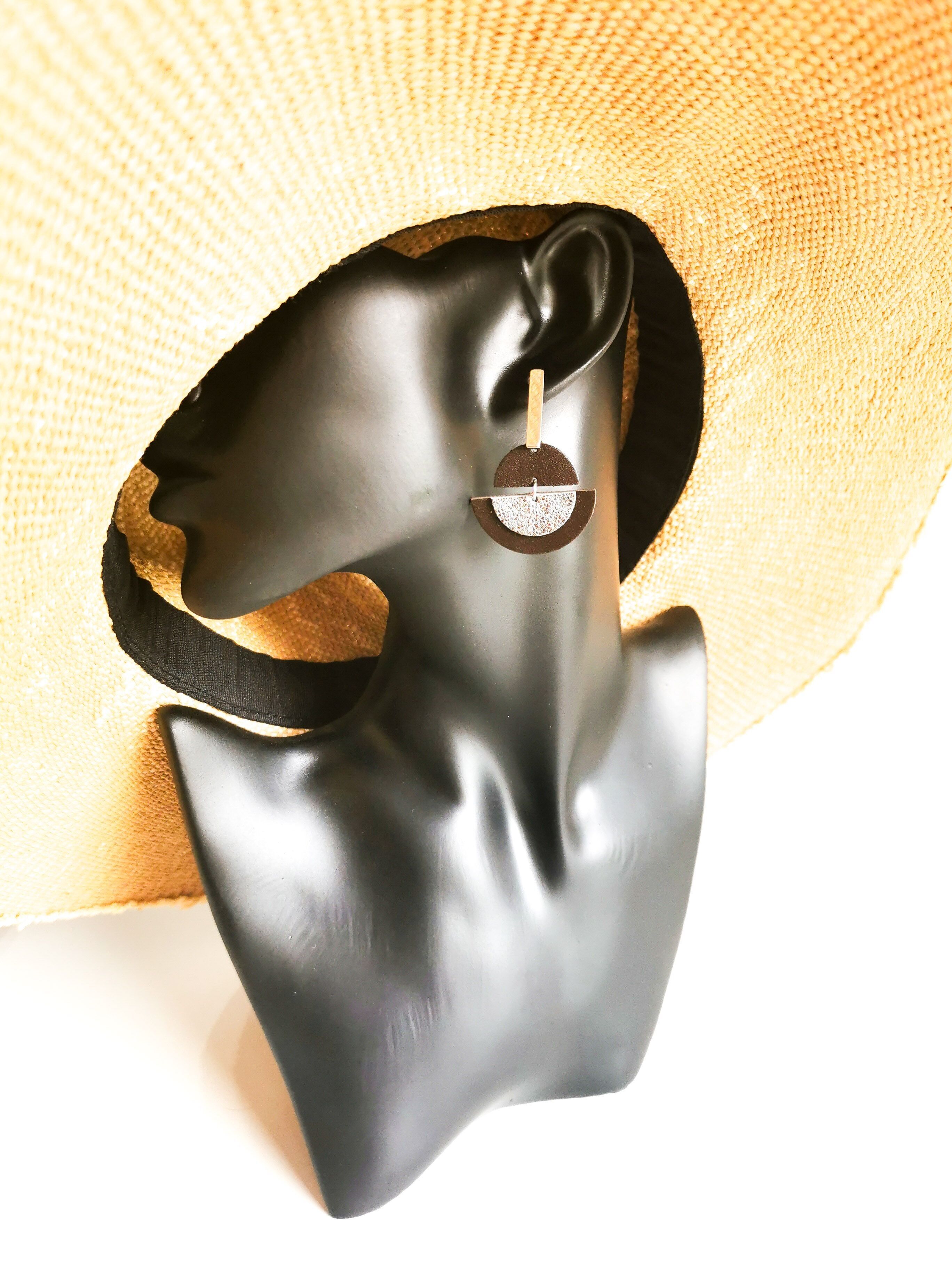 Earrings - LUNA - Leather and silver steel - Chocolate brown