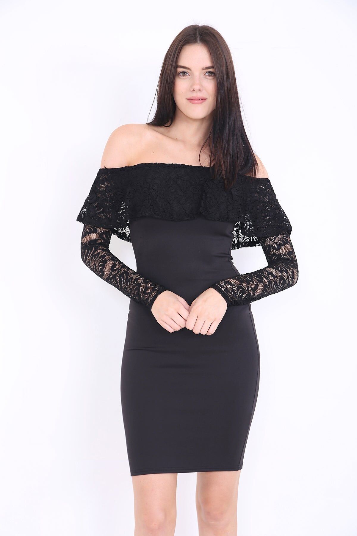 Abito Bardot con volant a maniche lunghe in pizzo floreale