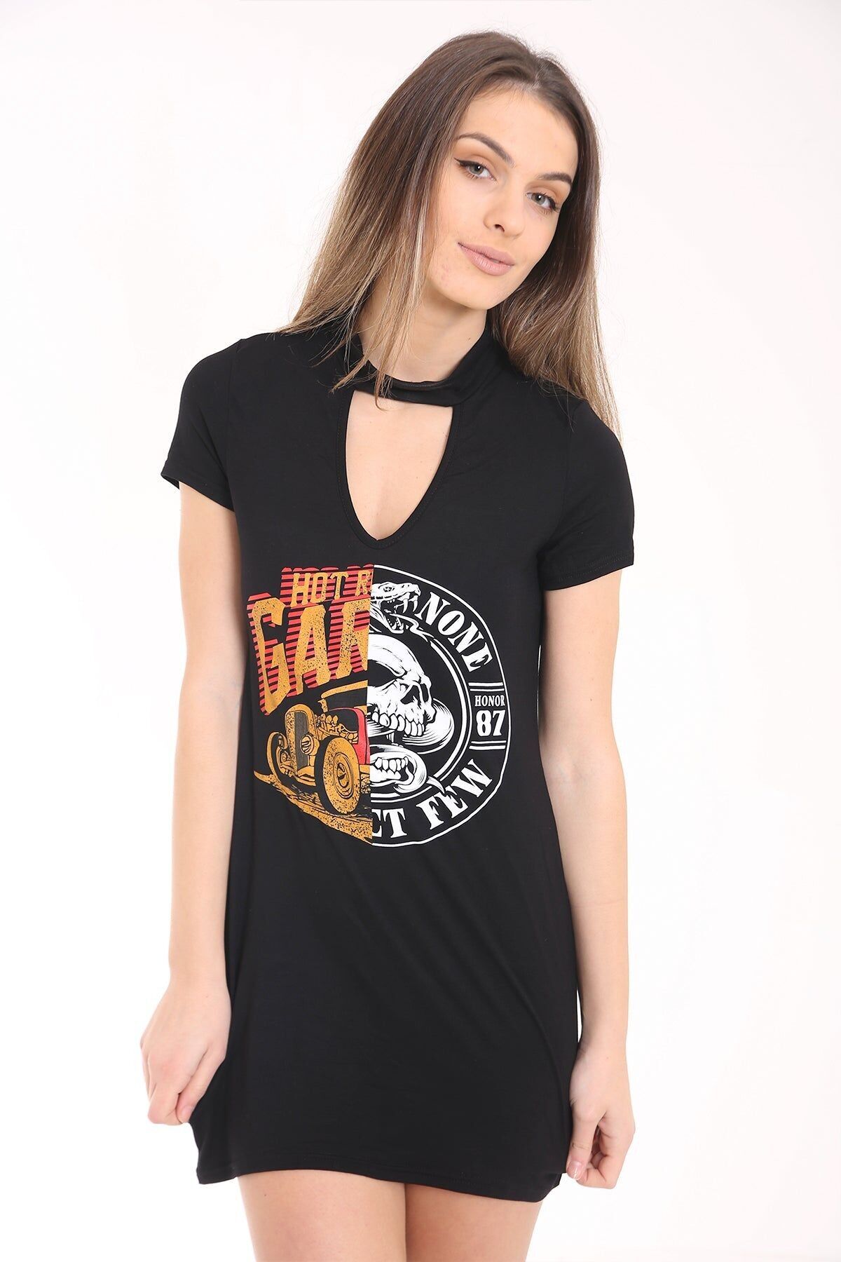 Abito lungo con t-shirt e stampa a doppio teschio con collo a girocollo