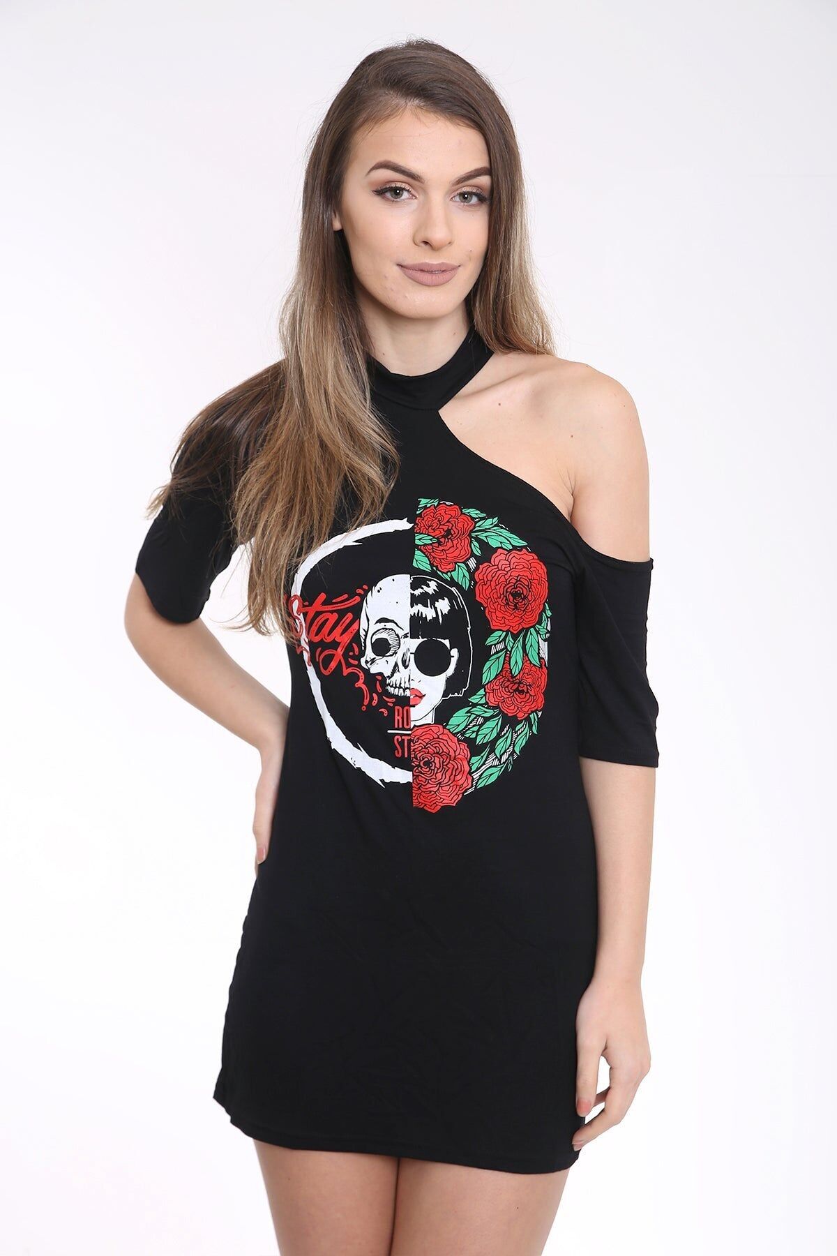 Vestito lungo con stampa a teschio e spalle tagliate