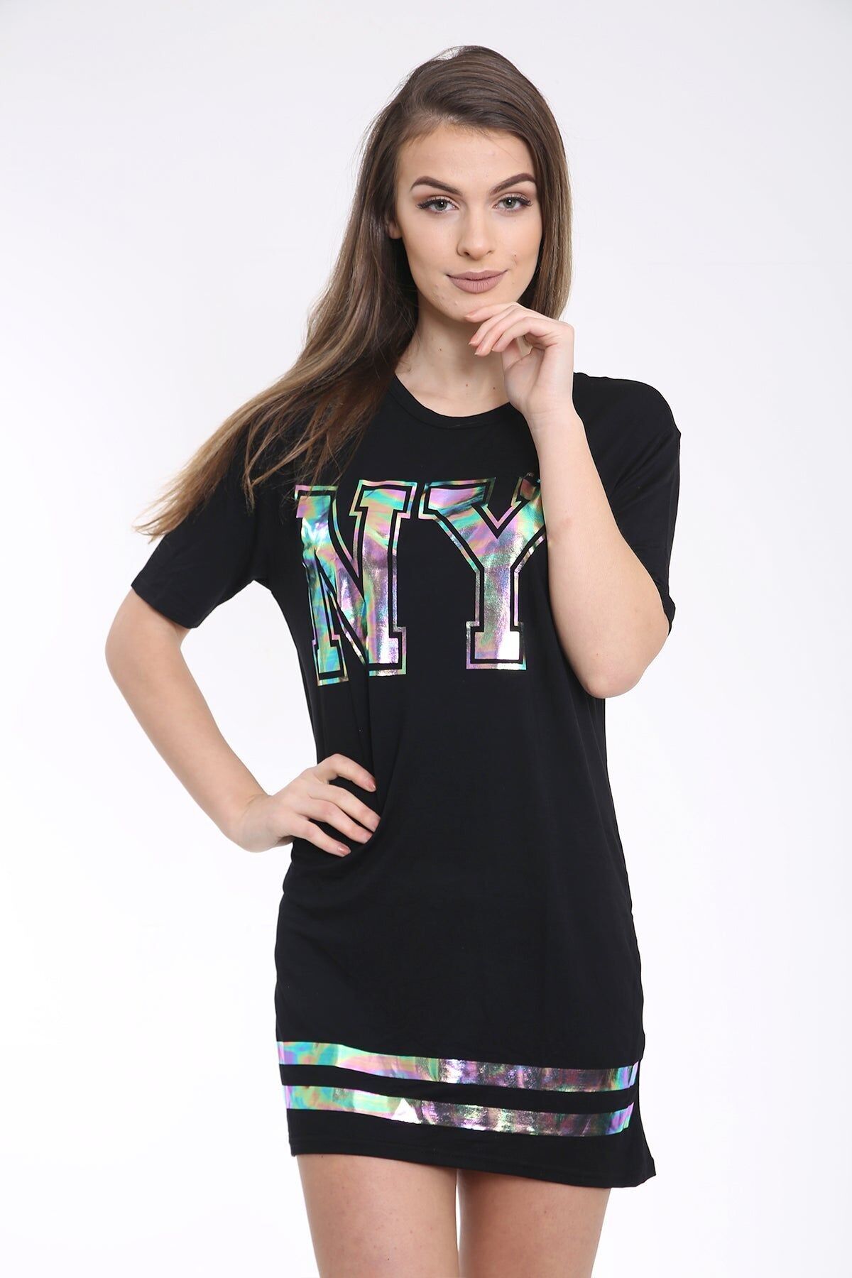 Abito T-shirt lungo con stampa NY multicolore