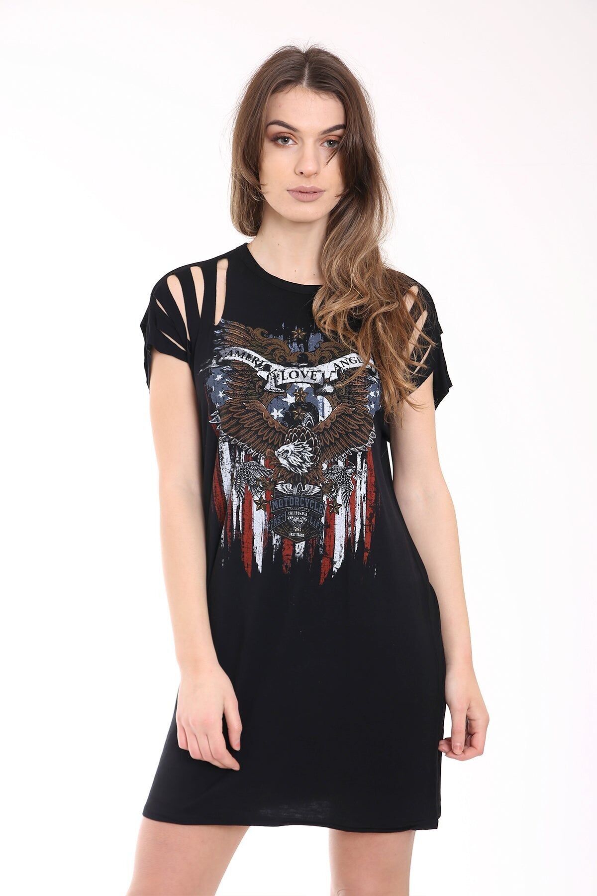 Abito lungo con stampa aquila e maniche tagliate