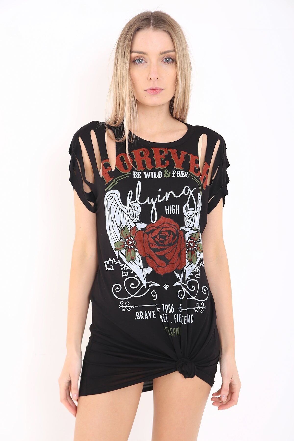Abito lungo a T-shirt con stampa Forever Rose e maniche a taglio