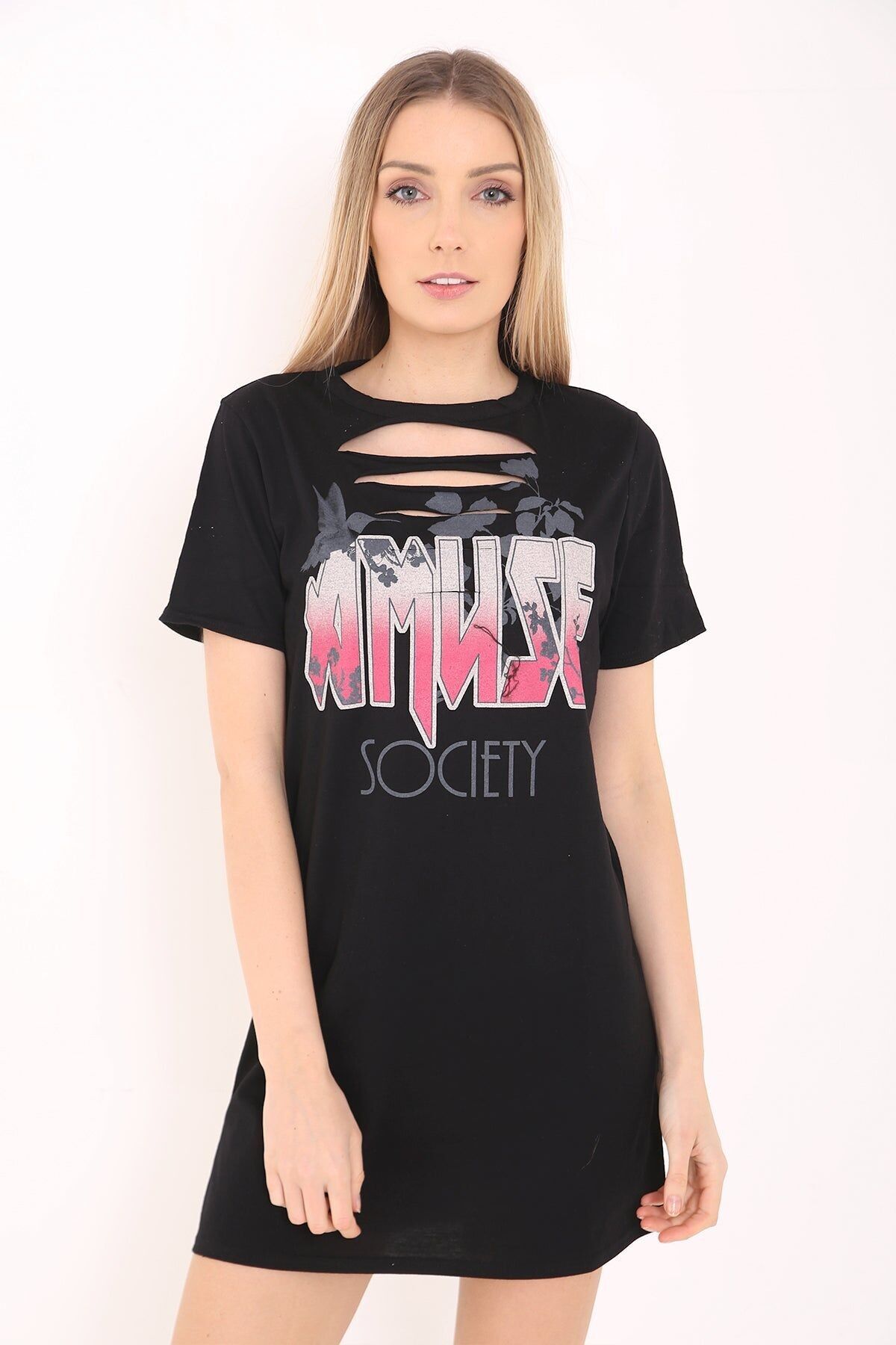 Abito lungo con stampa Amuse e taglio frontale