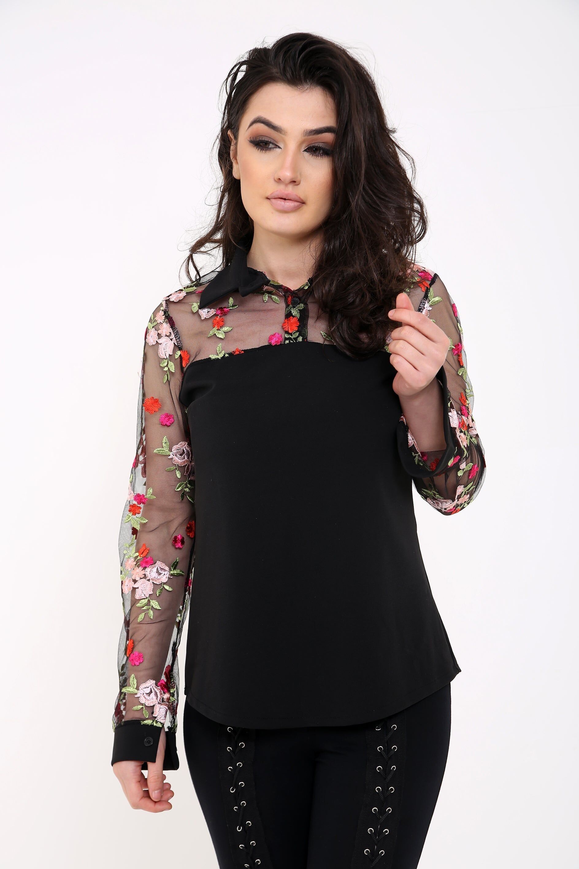 Top camicia ricamato floreale in rete