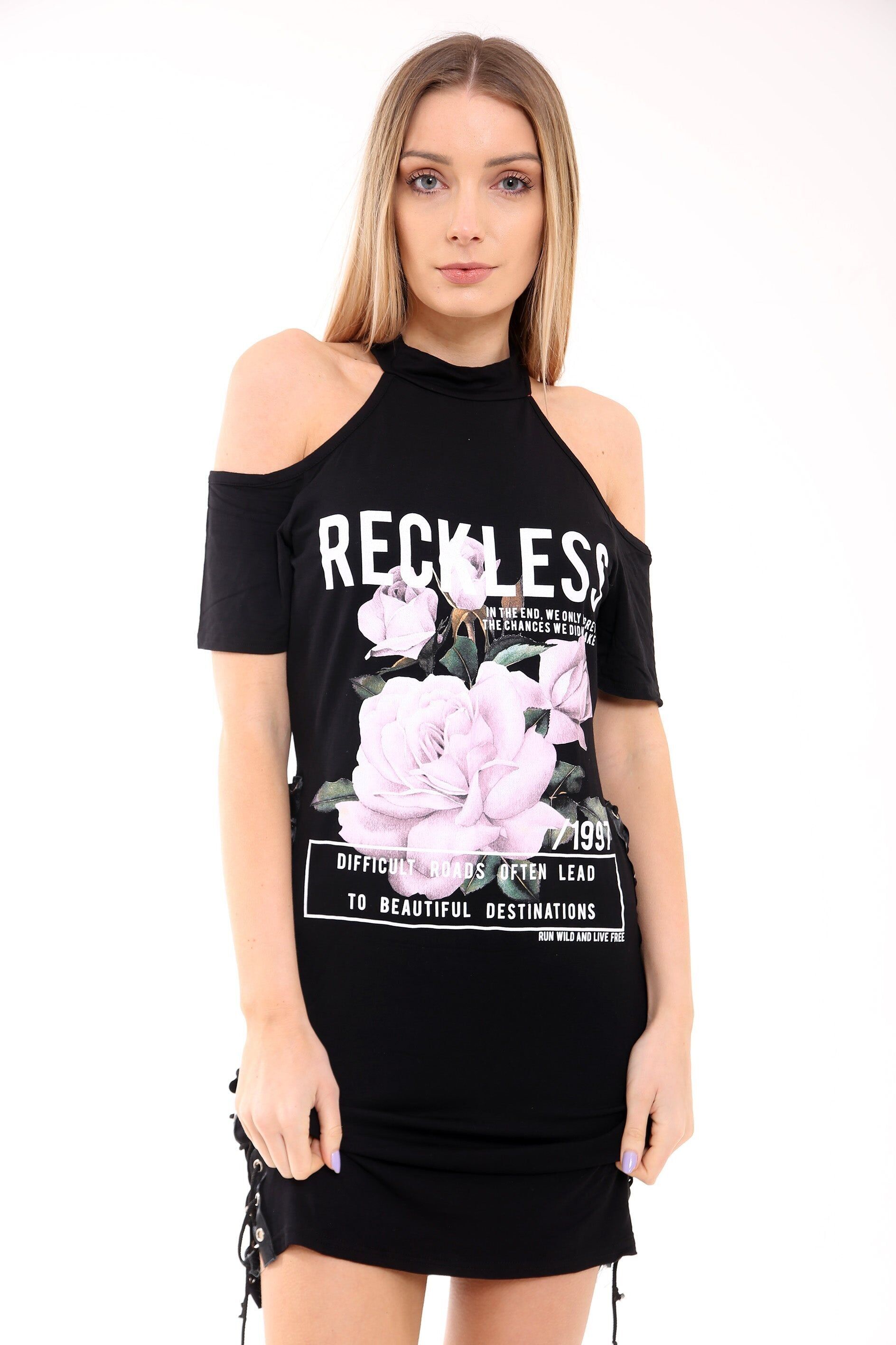 Abito T-shirt con scollo a V e pizzo laterale "Reckless"