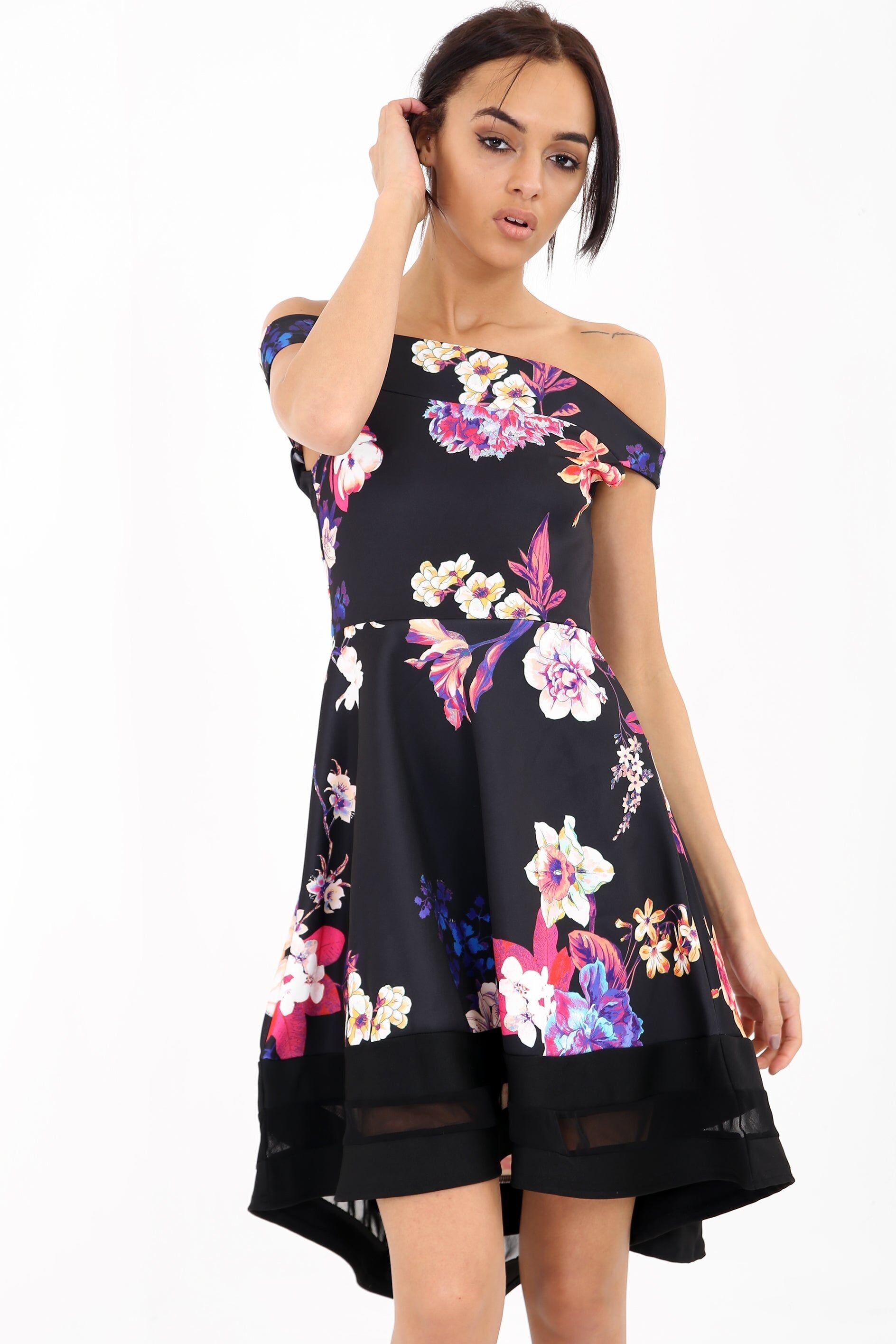 Abito skater Bardot con inserti in rete floreale multicolore