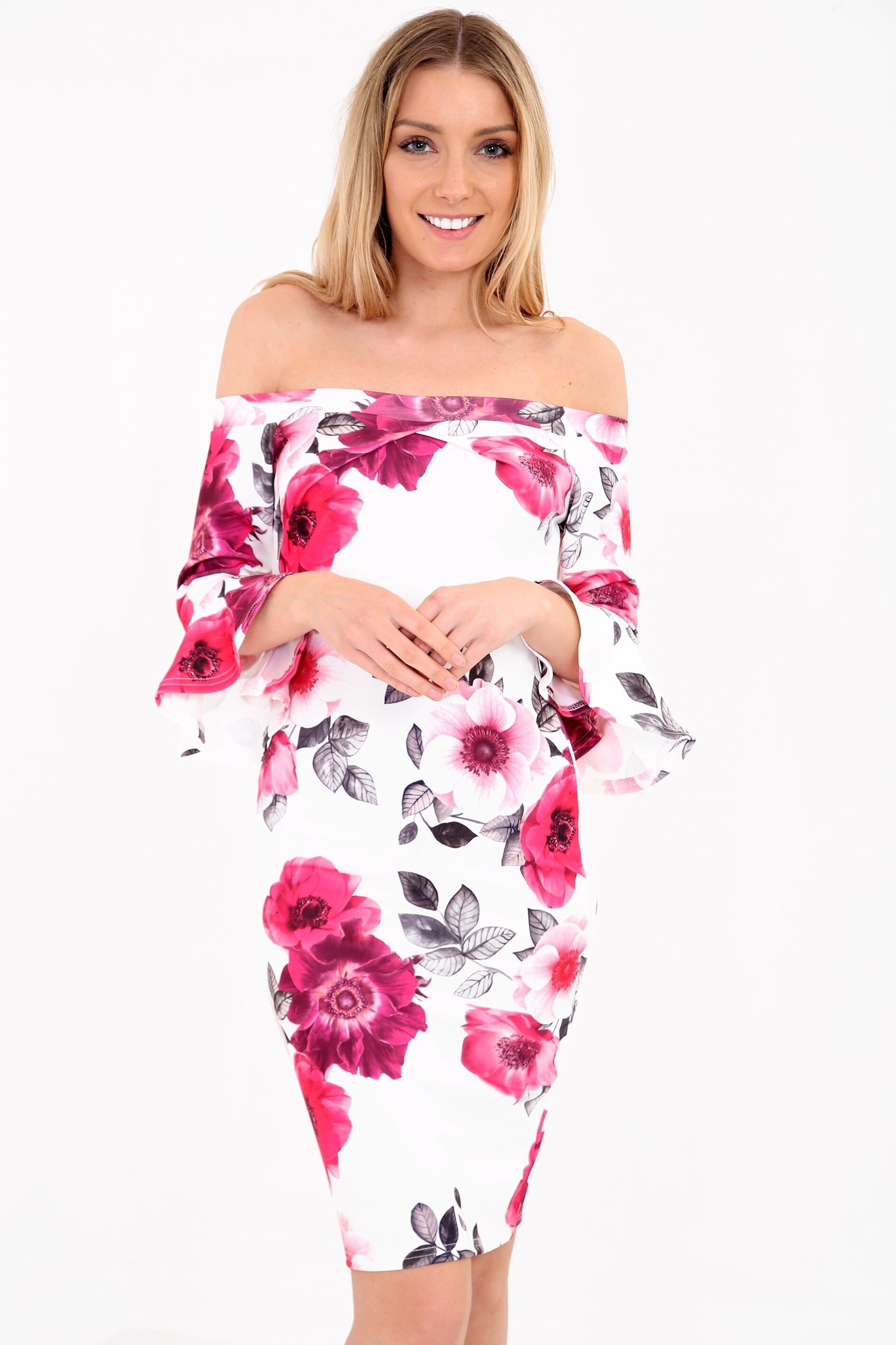 Abito Bardot floreale con maniche a campana