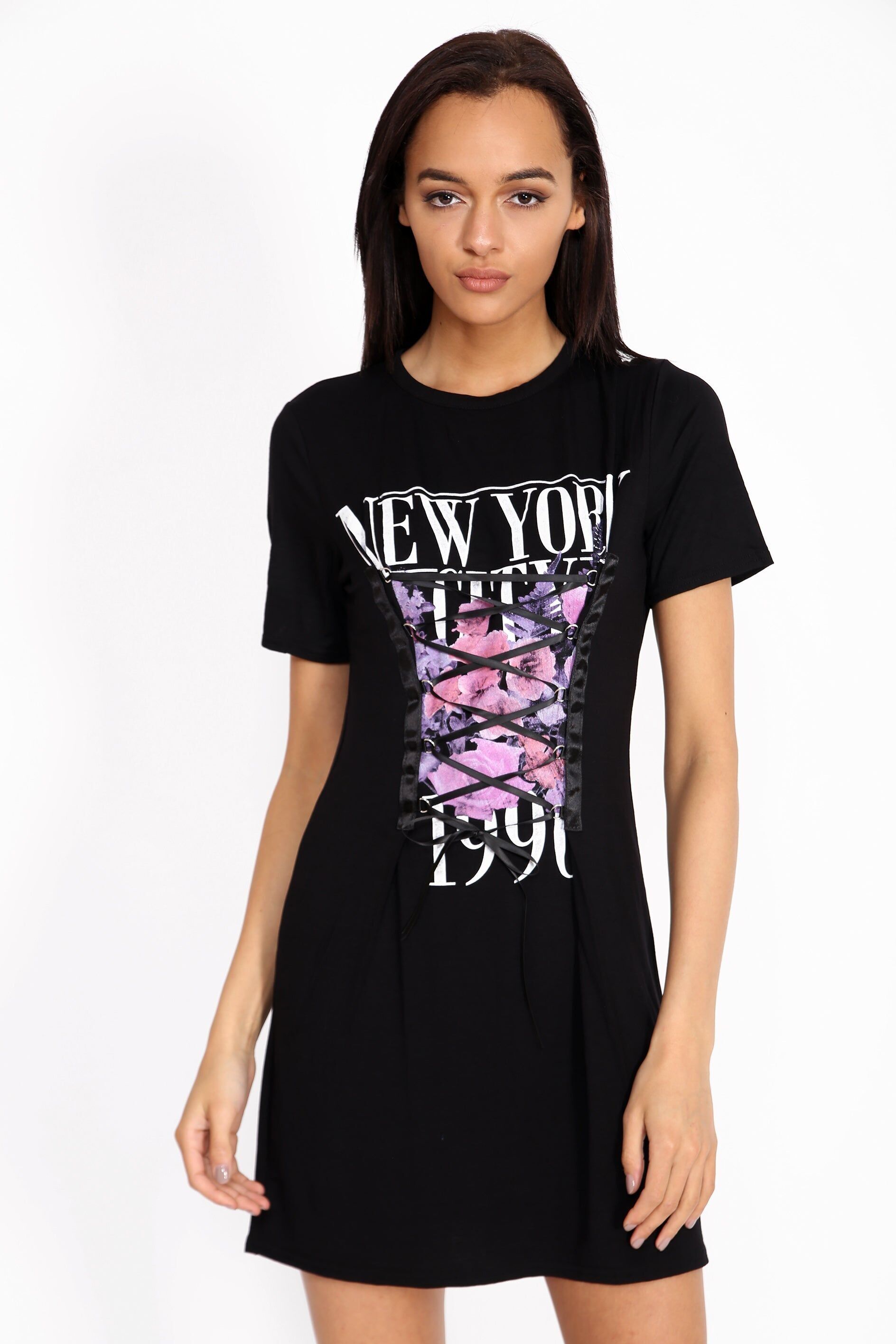 Abito T-shirt stampato New York con dettaglio corsetto