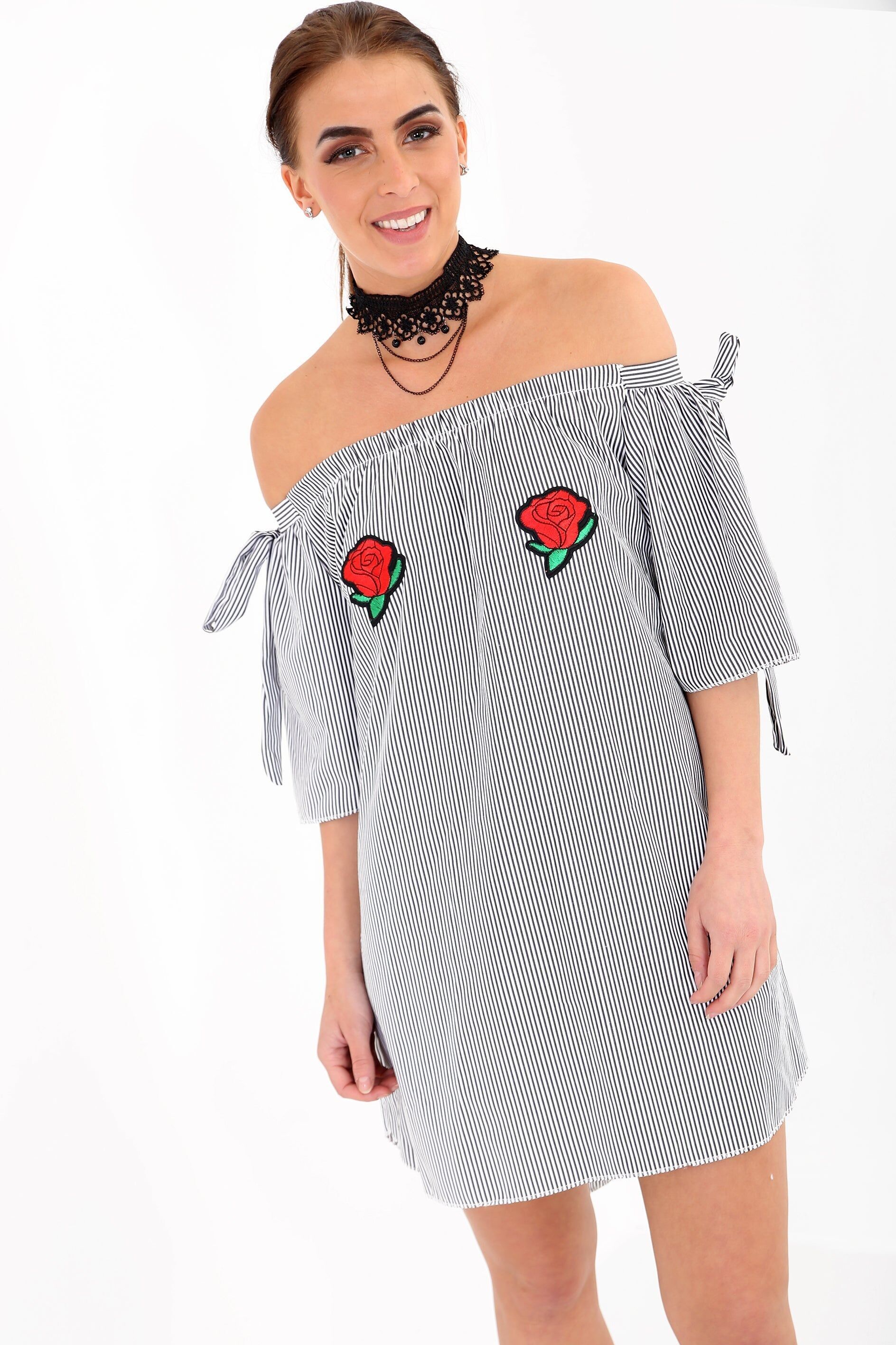 Abito Bardot a righe ricamato con rose