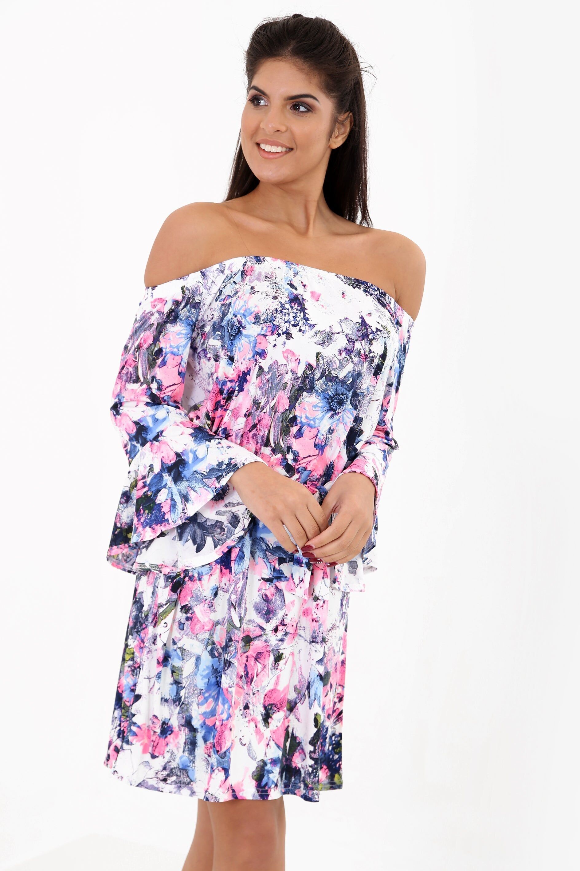 Abito attillato con nodo alla cravatta Bardot e stampa floreale