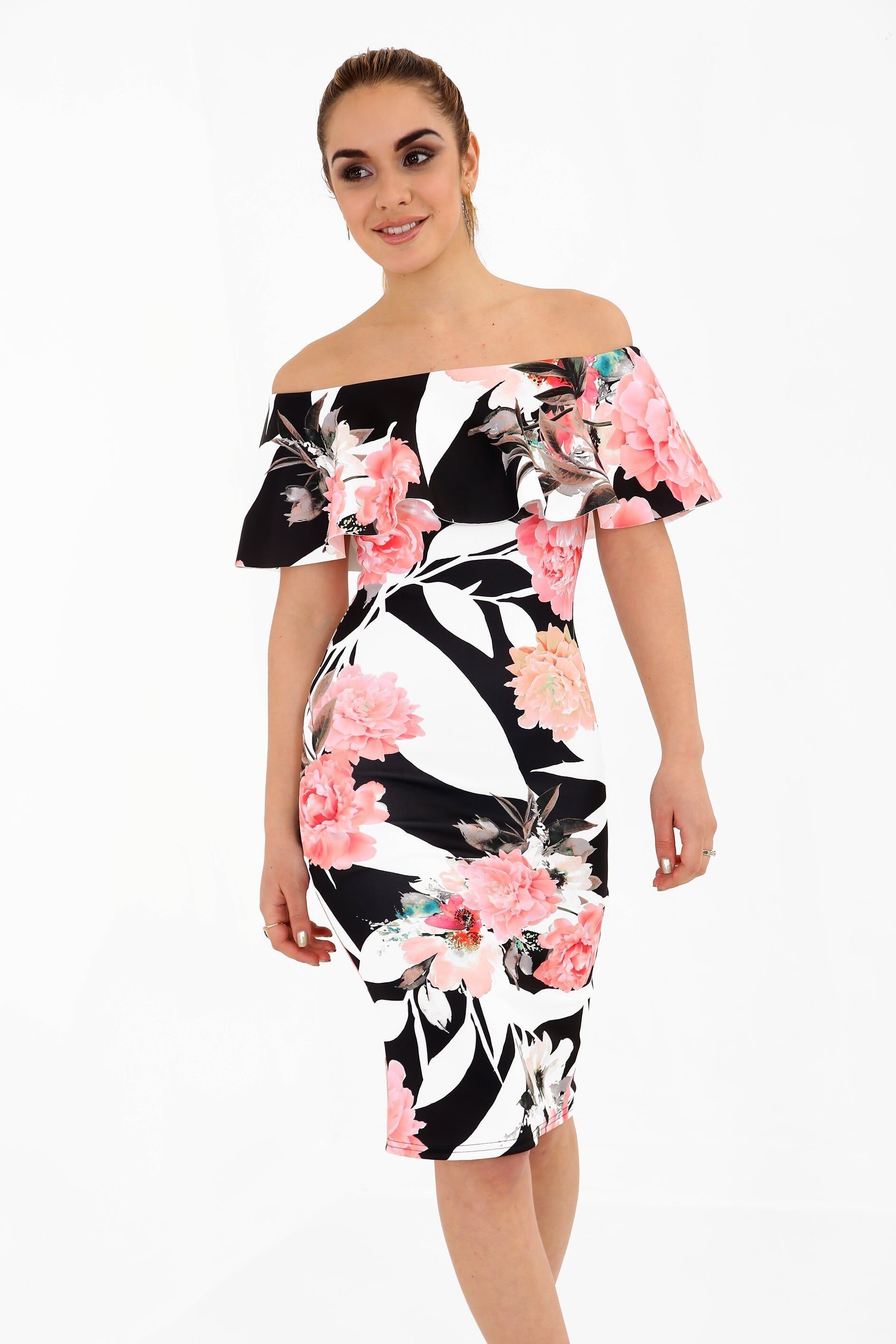 Abito Bardot con volant e spalle scoperte a fiori primaverili