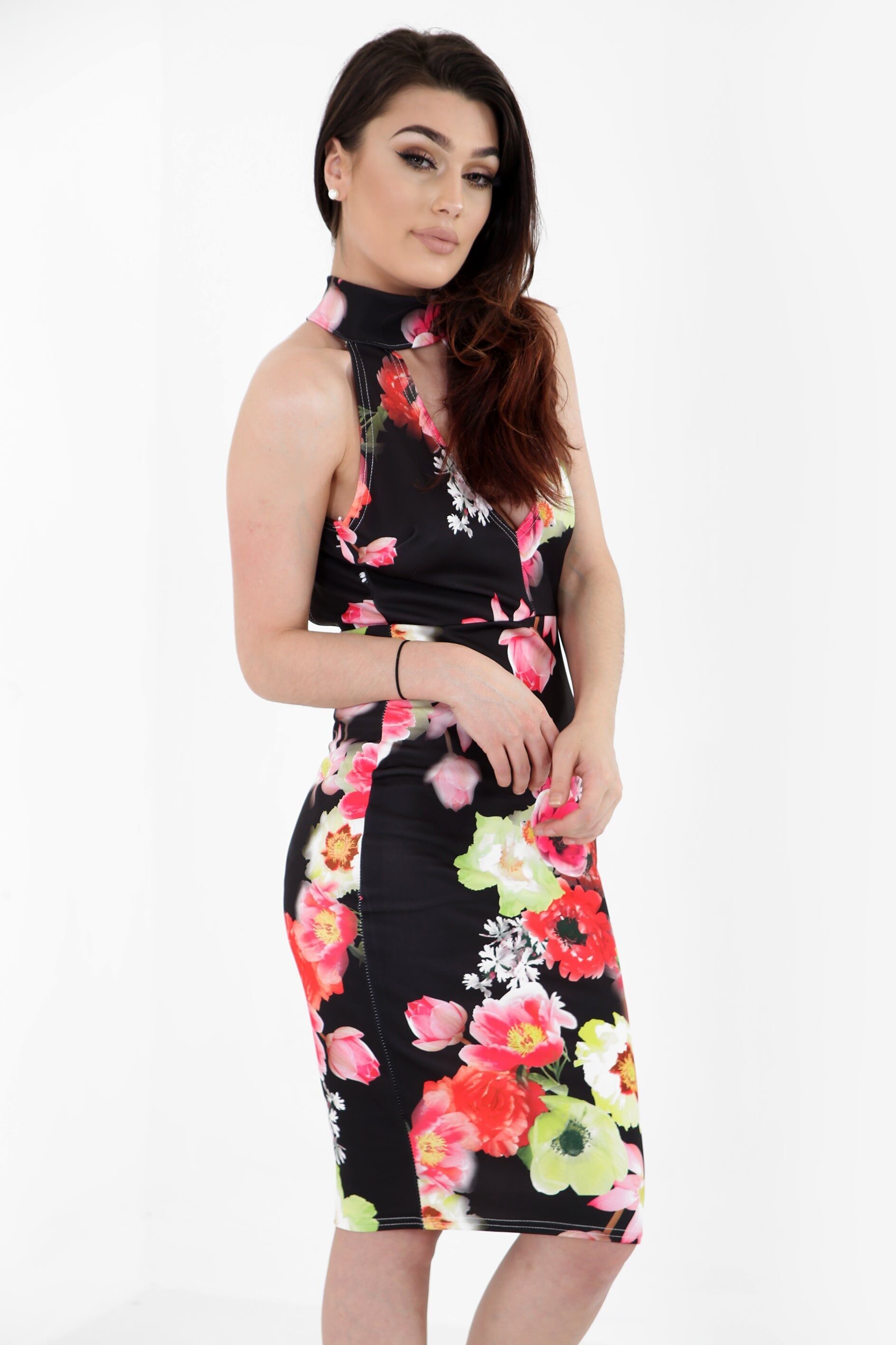 Robe mi-longue à col montant et imprimé floral