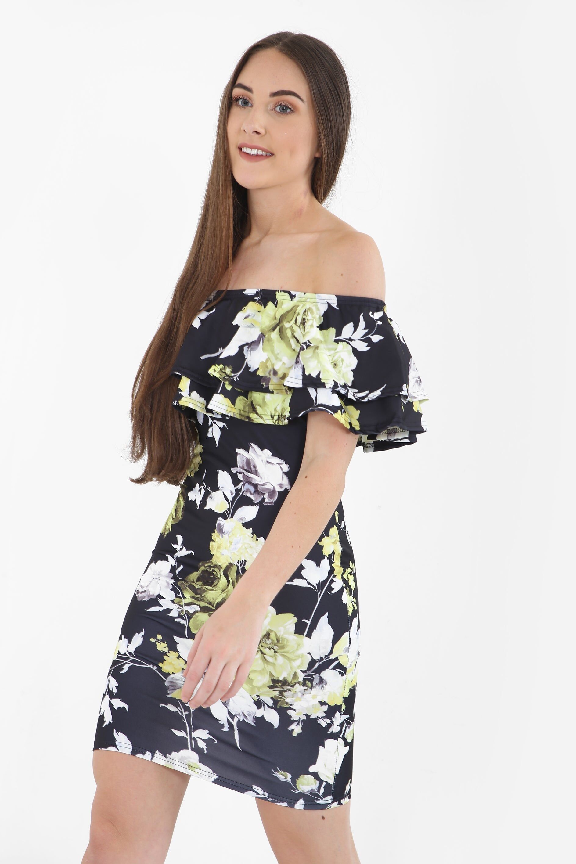Abito Bardot con doppia balza e stampa floreale botanica