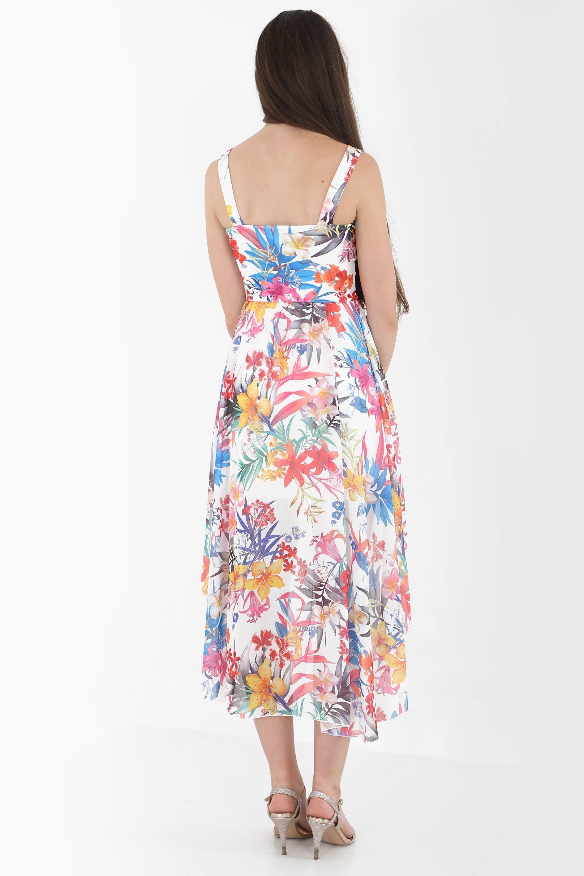 Abito in chiffon con orlo asimmetrico e motivo floreale tropicale a cuore