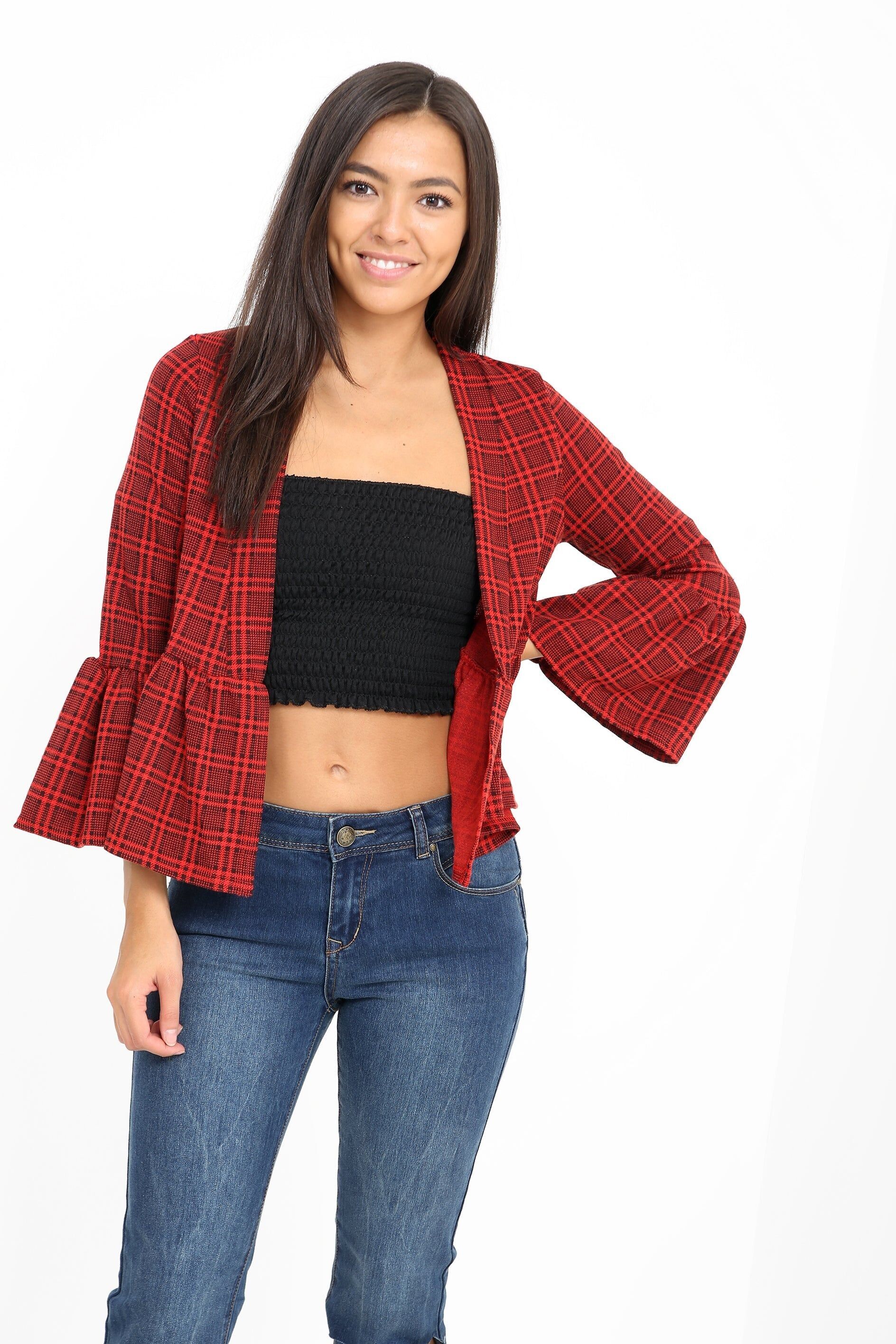 Giacca blazer gypsy con orlo a balze a quadri multipli