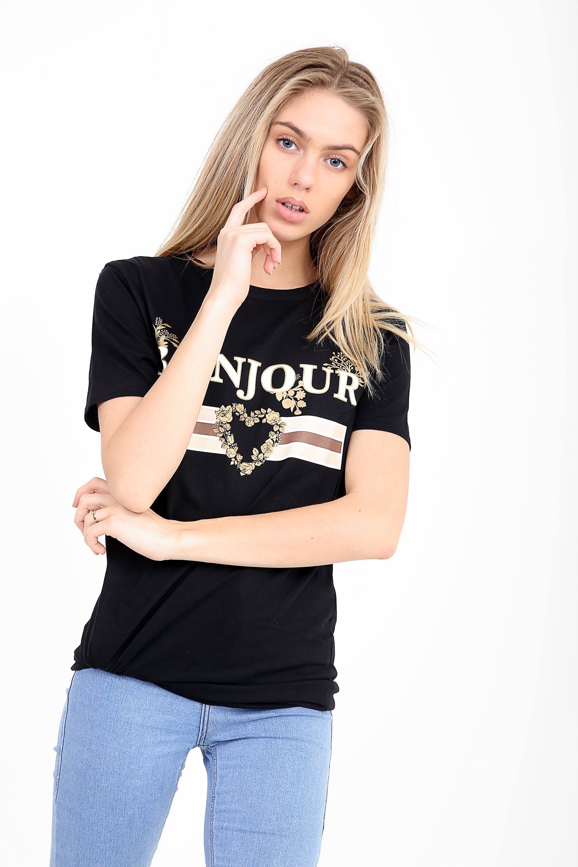 Maglietta stampata con slogan Bonjour