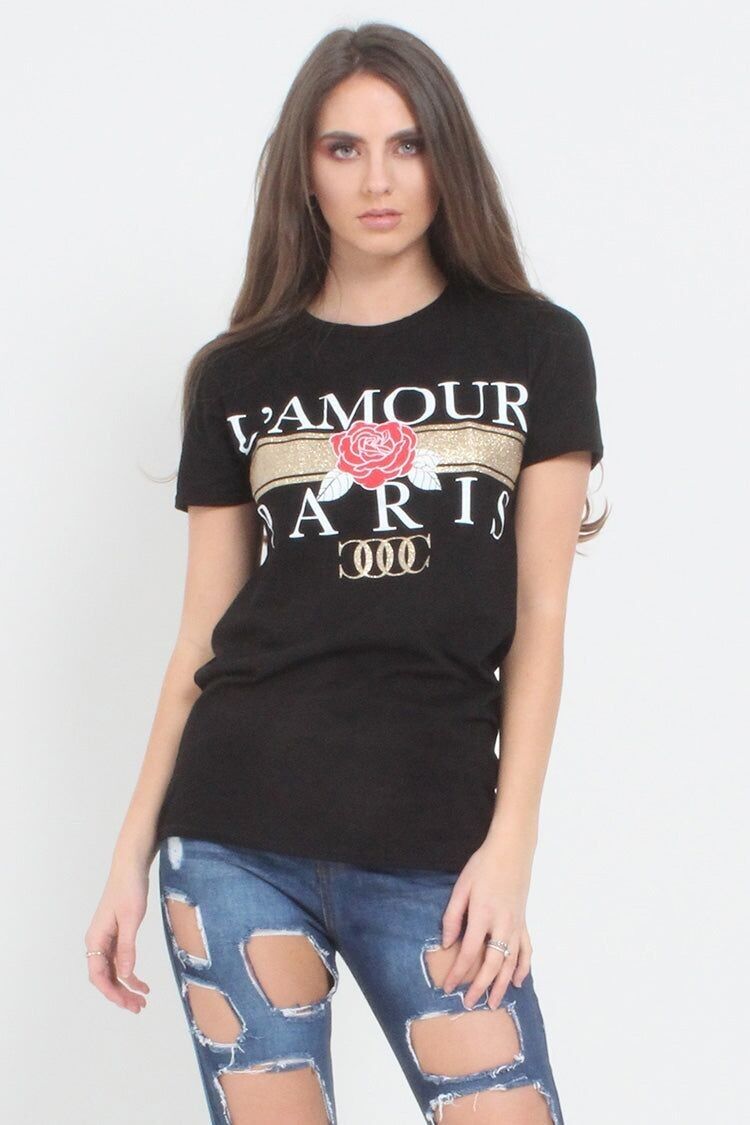 T-shirt stampata con slogan L'Amour Paris