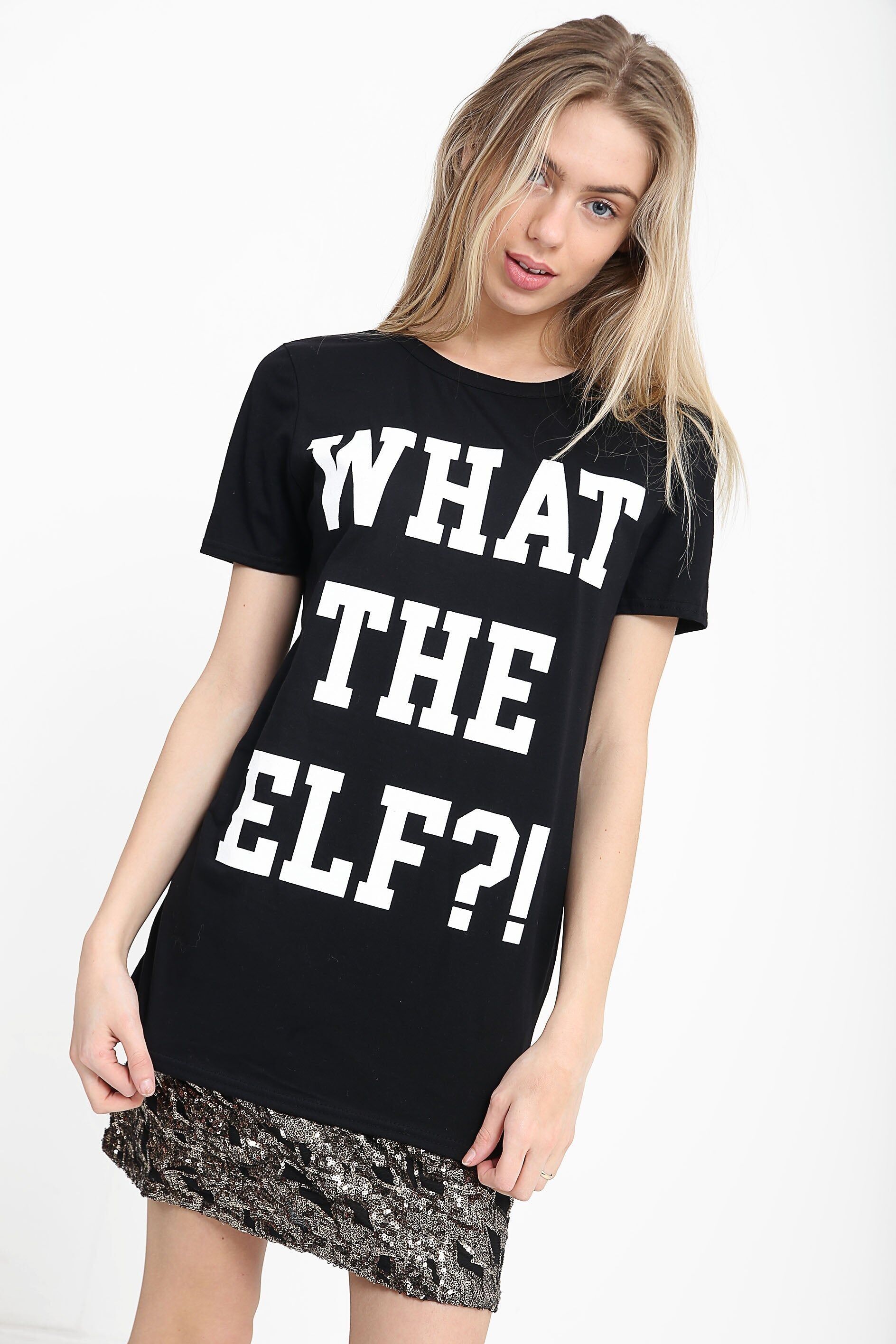 Maglietta stampata con lo slogan "What The Elf"