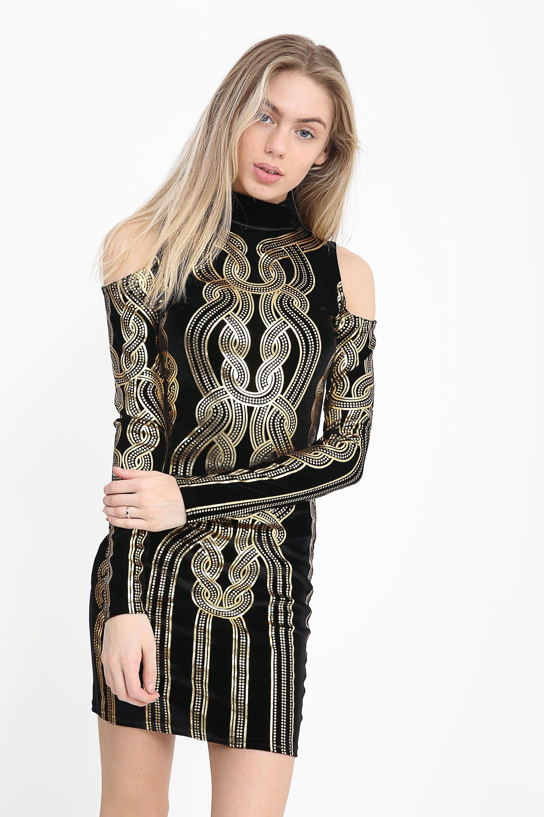 Abito in velluto con stampa lamina d'oro e spalle scoperte