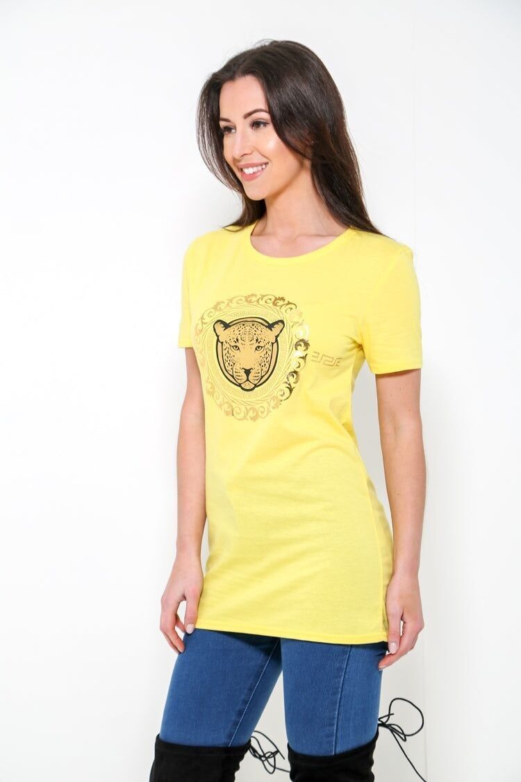 T-shirt con stampa tigre laminata oro