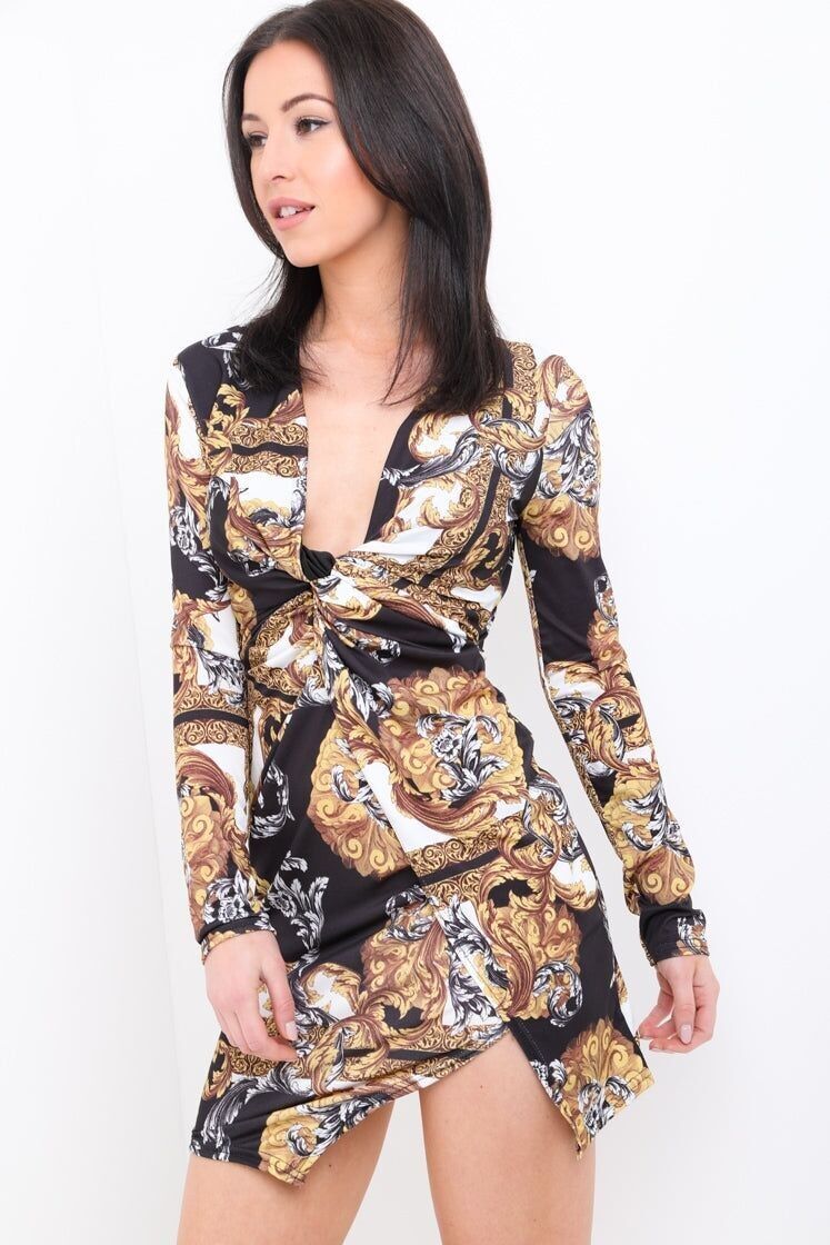 Abito avvolgente con nodo intrecciato e stampa sciarpa