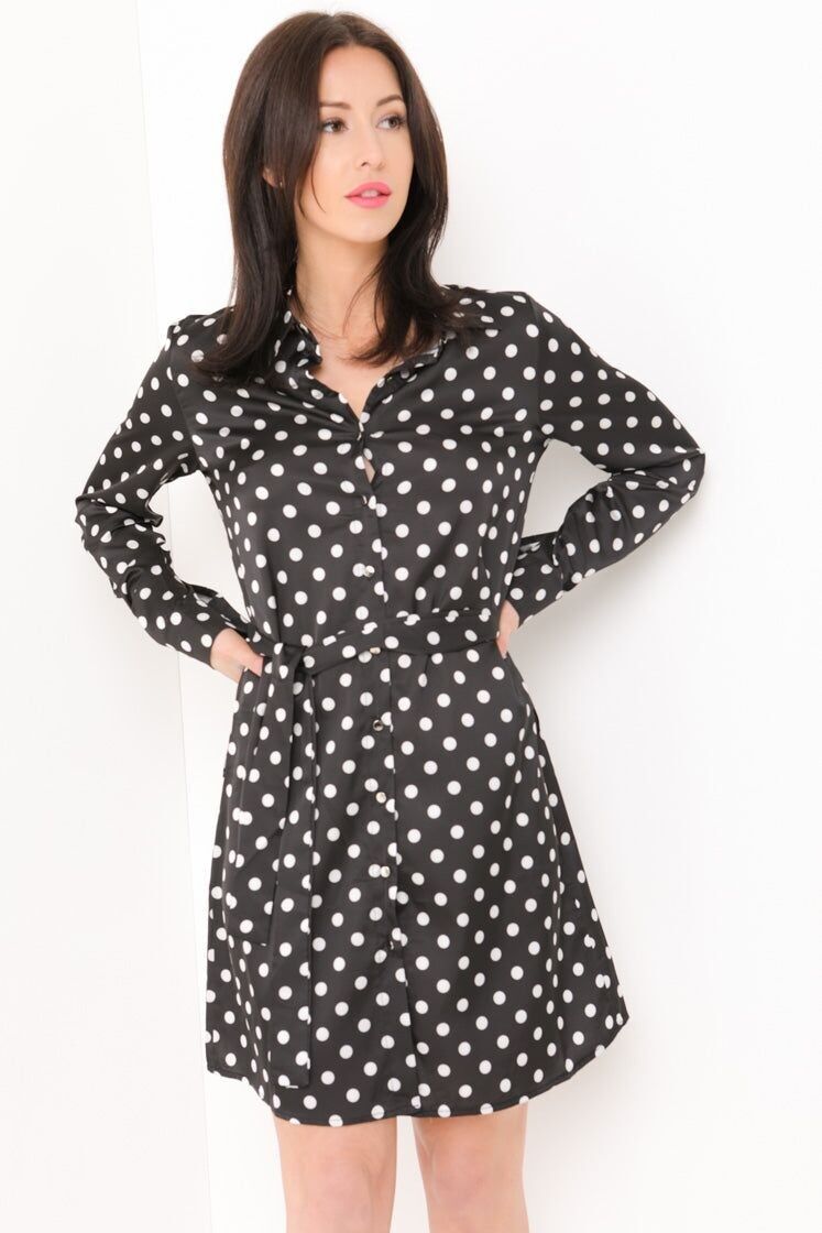 Abito camicia in raso a pois